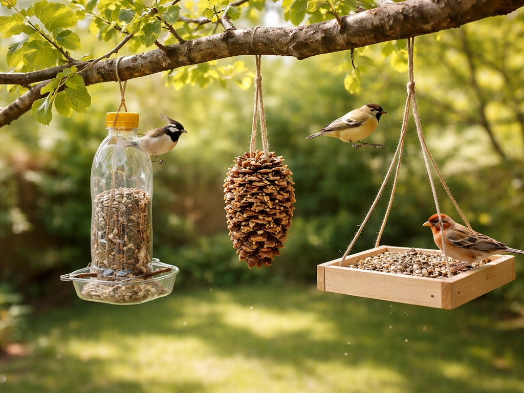 Cozy backyard branch with hanging DIY bottle, pinecone, and wooden bird feeders and small birds nearby.