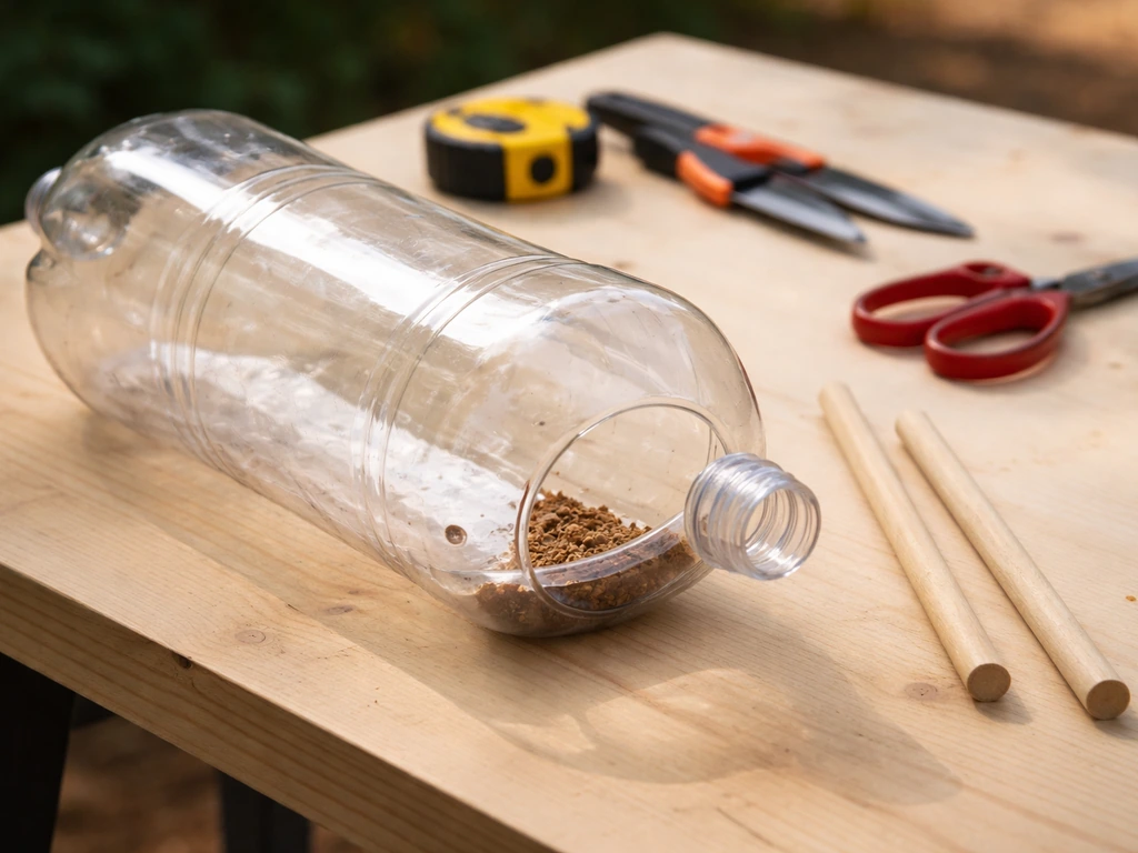 Plastic bottle bird feeder in progress with wooden dowels on a simple work surface