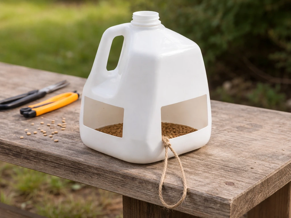 Clean gallon milk jug with rectangular cut openings and twine hanging setup on a workbench