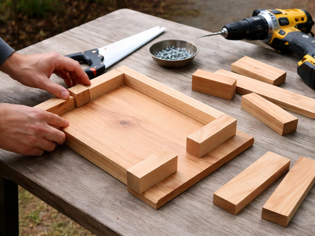 Hands assembling untreated cedar and pine boards for a sturdy platform bird feeder on a work table.