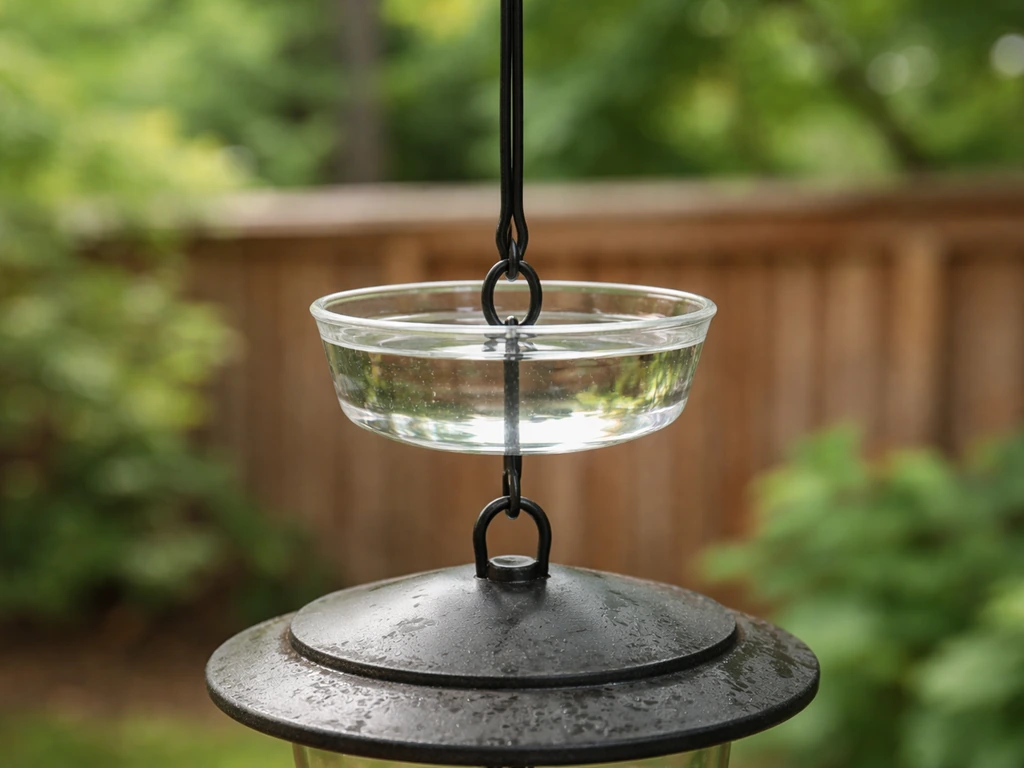 Close-up of a small hanging feeder with a water ant moat cup on the wire