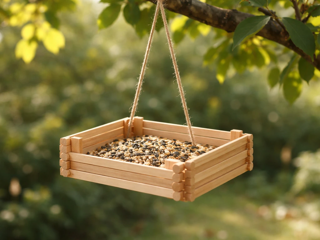 Handmade popsicle stick bird feeder with raised sides and hanging loop hanging from a tree branch.