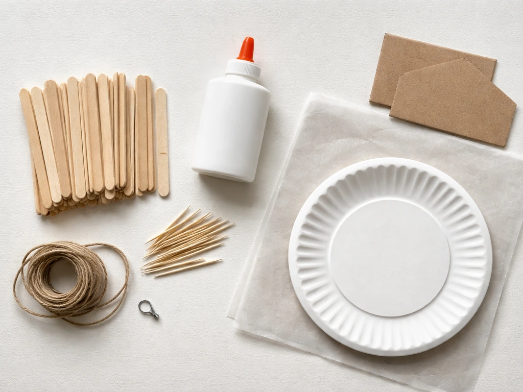 Top-down flat lay of popsicle sticks, glue, toothpicks, twine, wax paper, and a paper plate ready to start.