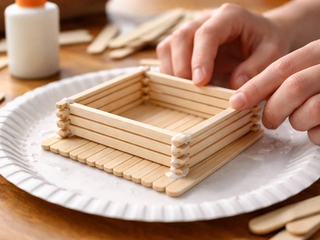 Close-up of hands stacking popsicle sticks on a glued base to form log-cabin side walls.