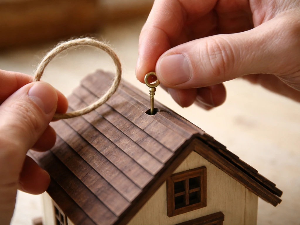 Close-up of hands pressing a screw eye into the roof ridge with twine ready to hang.
