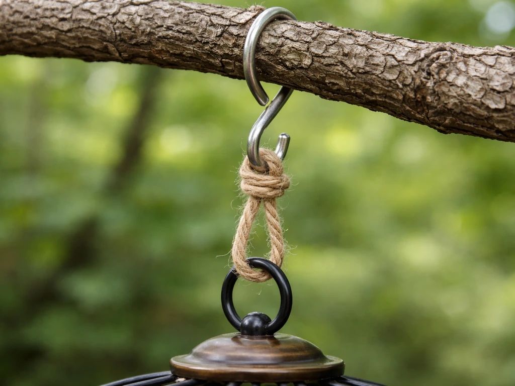 A twine loop feeder hanging from an S-hook clipped to a tree branch outdoors