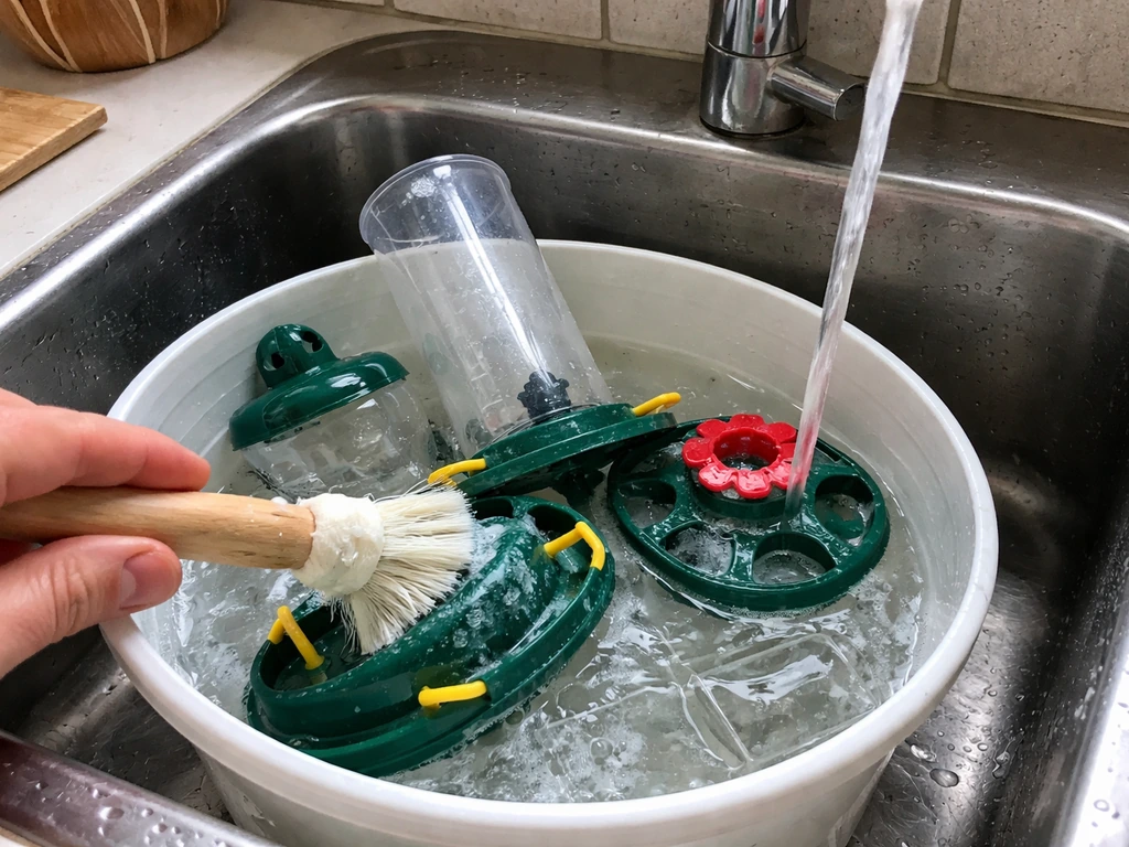 Bird feeder parts being scrubbed and rinsed over a sink with water and a bucket below.