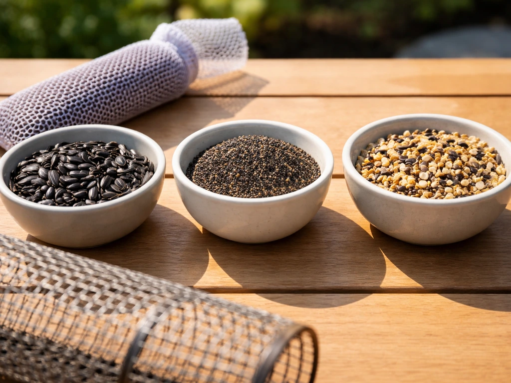 Assorted bird feeder seed fills—black oil sunflower, nyjer-style sock seeds, and small mix—in simple bowls.
