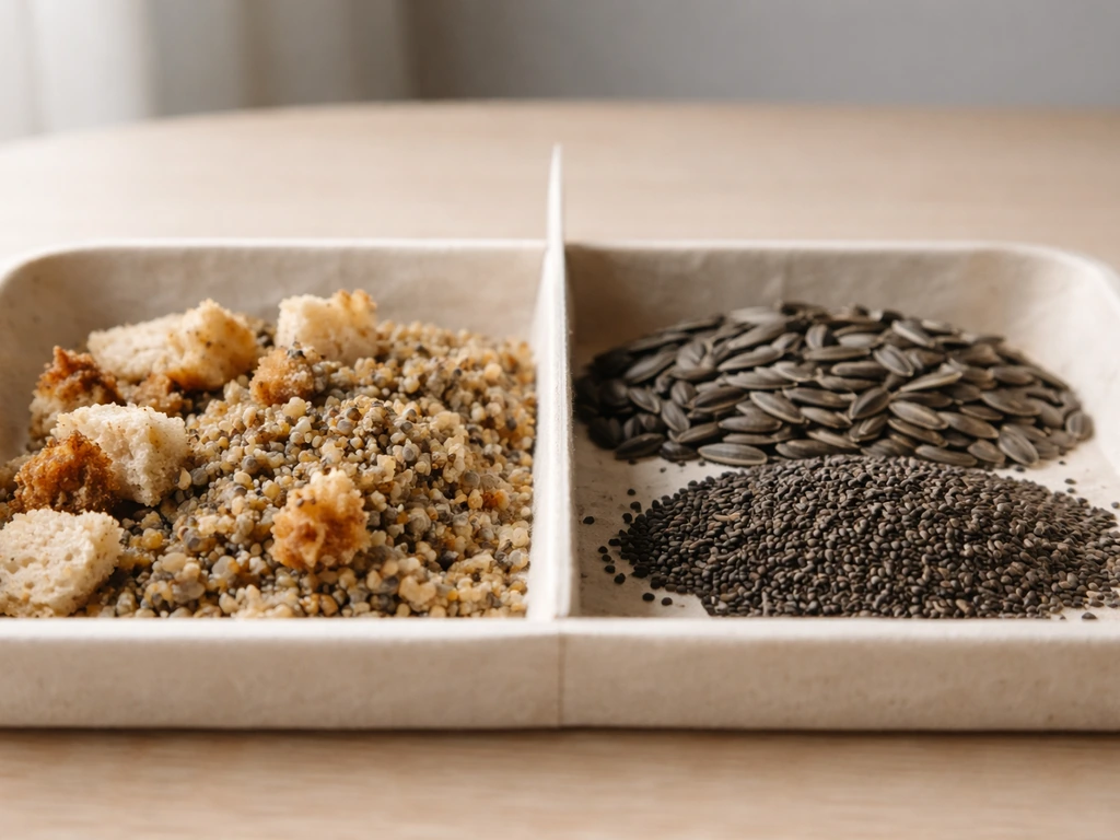 Two petri-style trays show bread crumbs and wet clumping seed on one side, and dry sunflower/niger seed on the other.