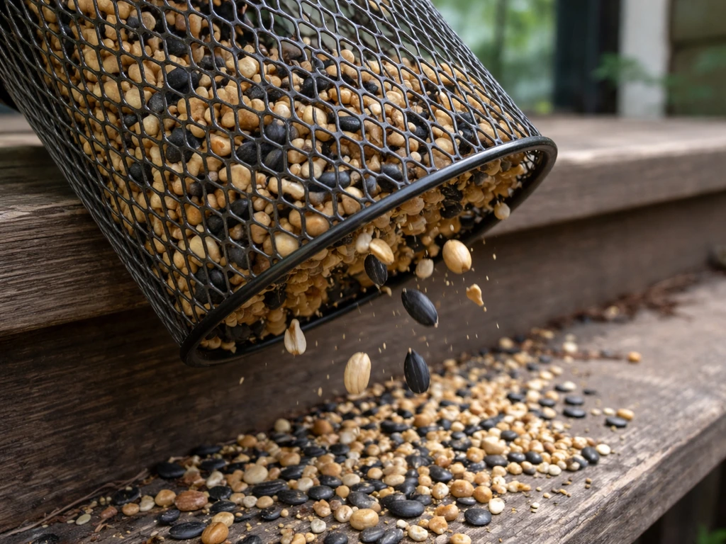 Close-up of seed tumbling out through an oversized mesh opening from a bird feeder.