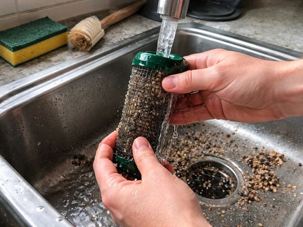 Anonymous hands scrub and rinse a small mesh bird feeder as seed hull debris falls into a sink basin.