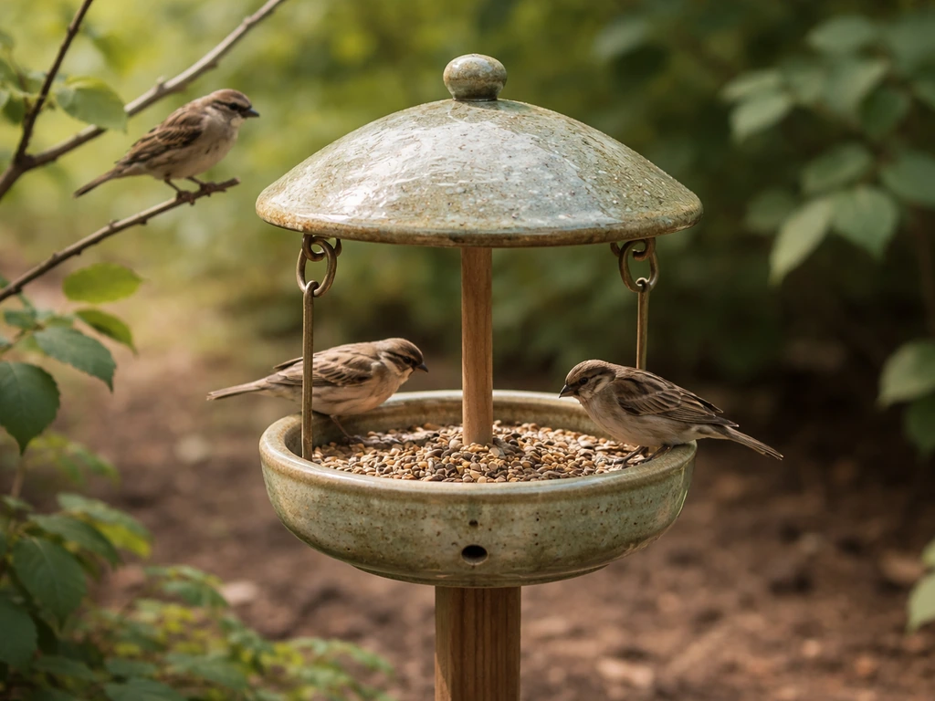 Handmade ceramic bird feeder with visible seed dish and hardware in a garden, small birds nearby.