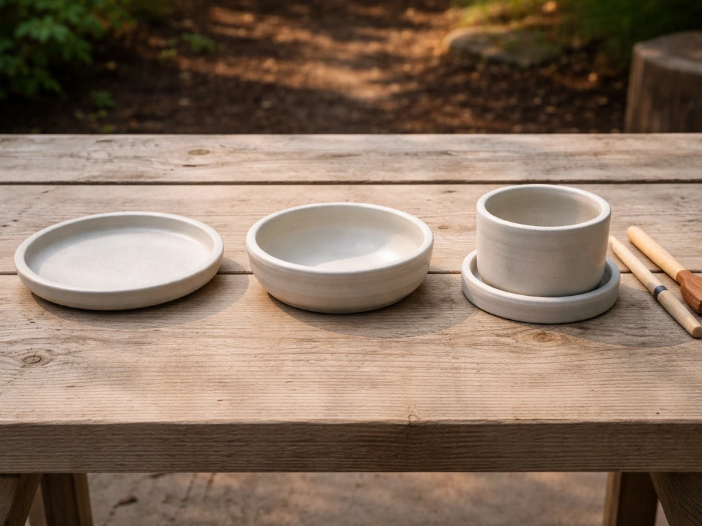 Three ceramic bird feeder design options on a workbench: dish, shallow bowl, and planter-saucer hybrid silhouettes.
