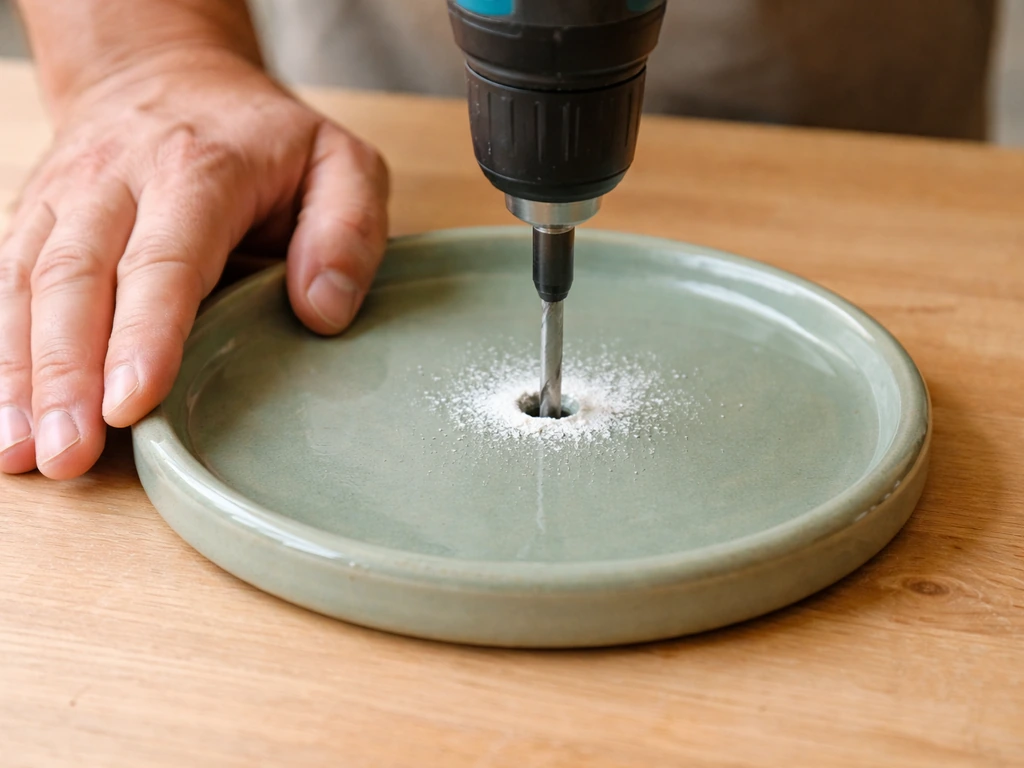 Hands drill a drainage hole into a round glazed ceramic saucer on a simple wooden work surface.