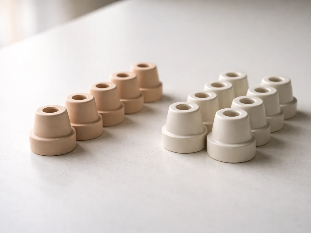 Two sets of ceramic feeder parts on a worktable, bisque matte vs glazed with a subtle sheen.