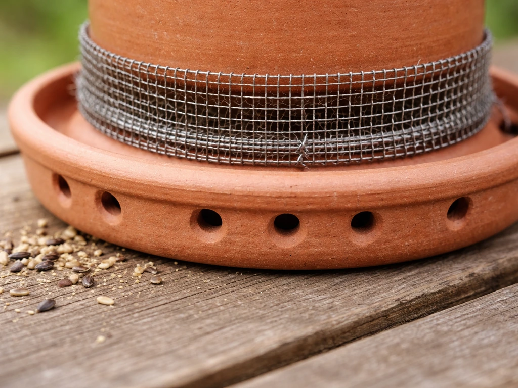 Closeup of a ceramic feeder underside with clear open drainage holes and a wire mesh pest guard.