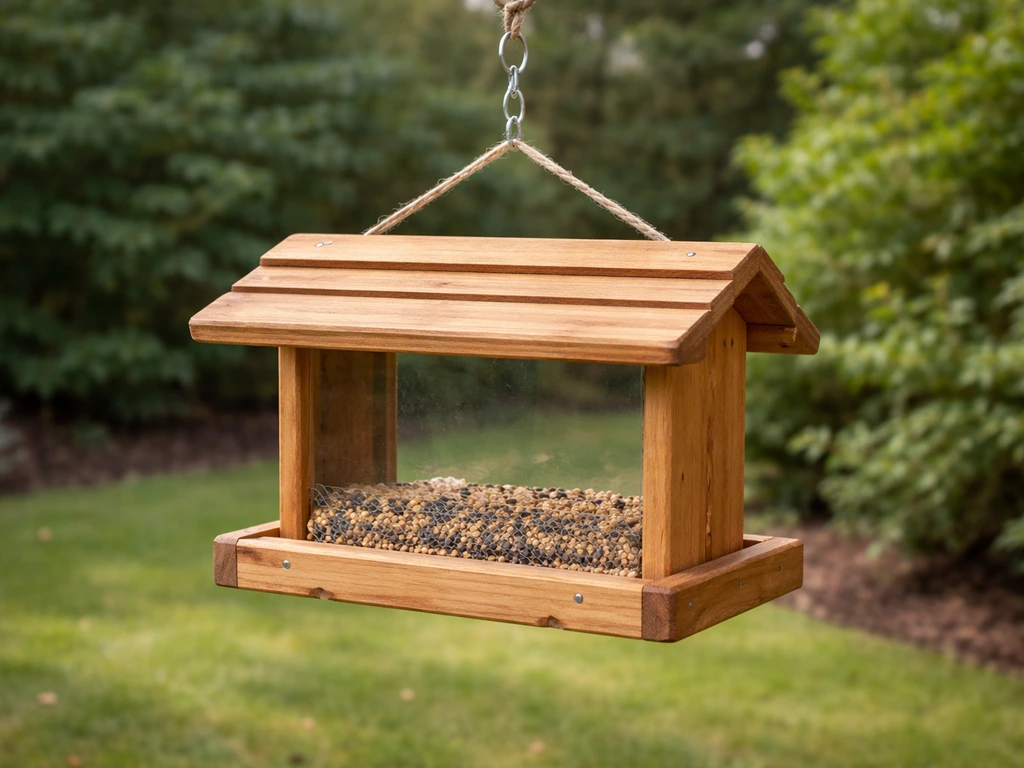 Weatherproof DIY bird feeder box with roof overhang and hanging hardware in a backyard.
