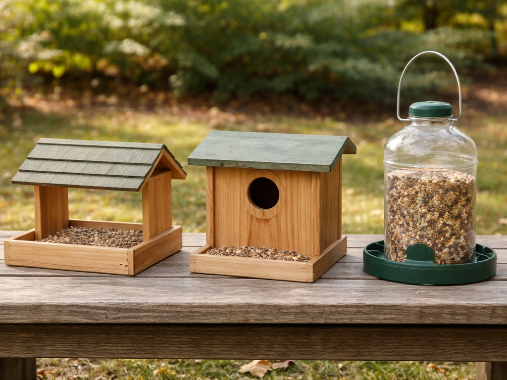 Three simple bird feeder box designs—open tray with roof, enclosed feeder box, and bottle-style feeder—side by side on a