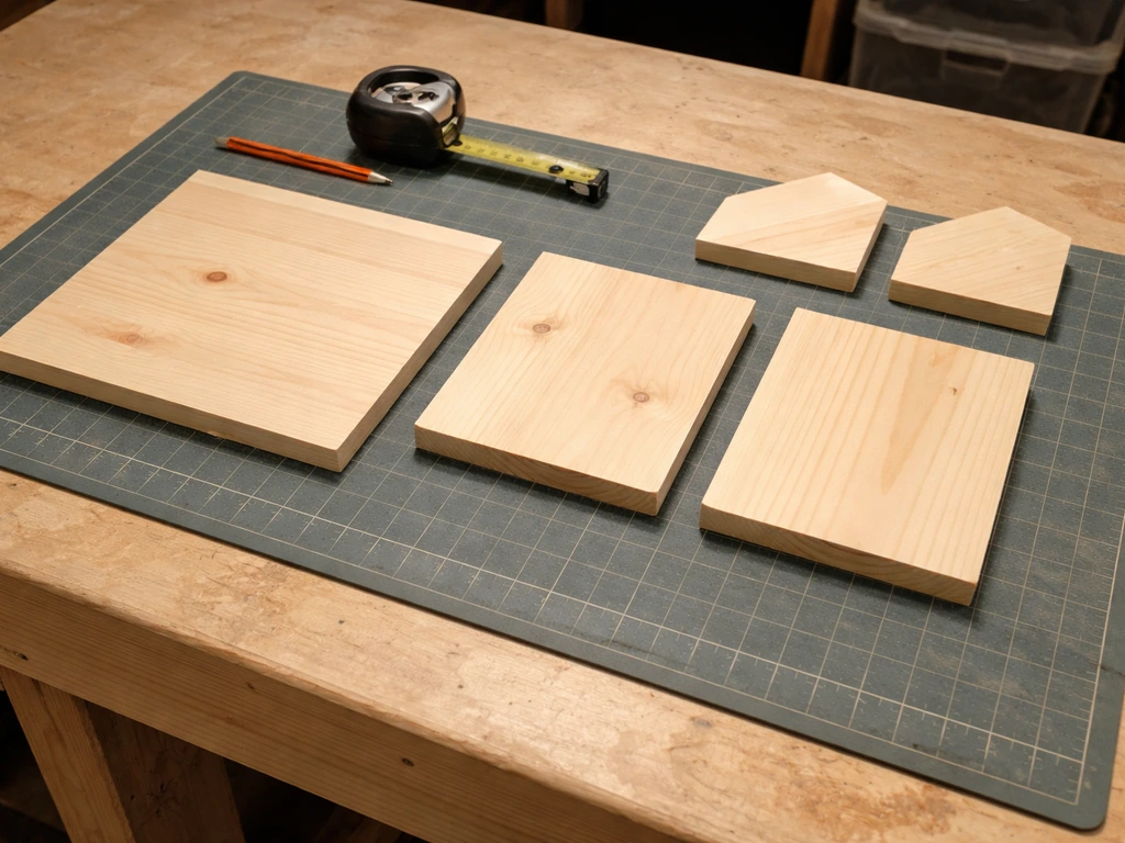 Cut wooden feeder pieces laid out from a 1x6 board on a workbench with tape measure nearby.