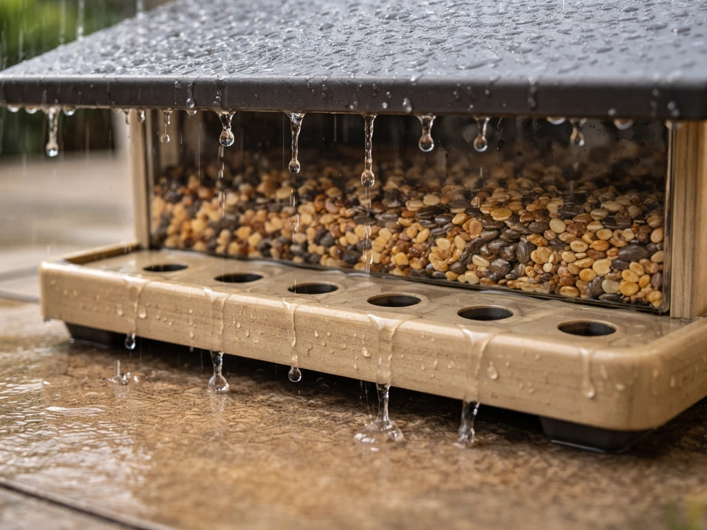 Close-up of a DIY bird feeder base with drainage holes and a roof overhang keeping seed dry in rain.