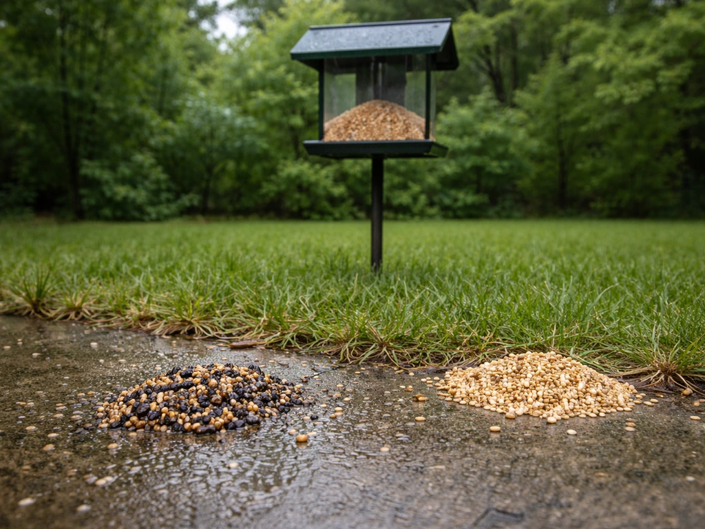 Two seed situations: clumped wet birdseed under a rain-exposed feeder vs. dry seed in a sheltered, roofed feeder.