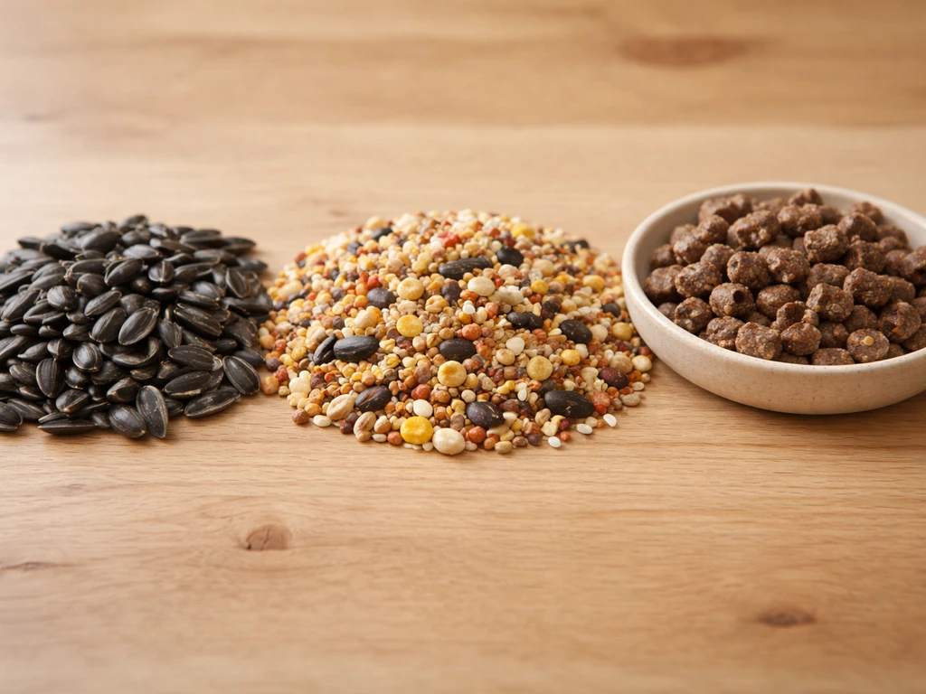 Close-up side-by-side bird seeds showing texture differences: black oil sunflower, mixed seed, and suet pellets.