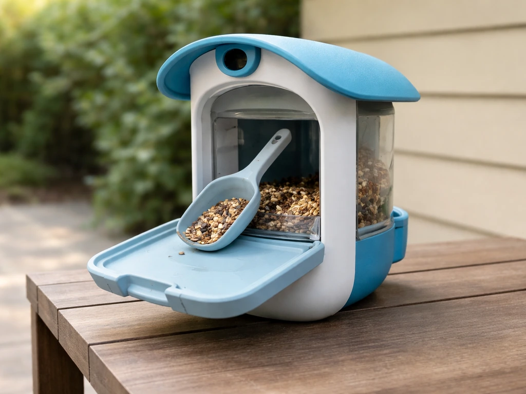 Bird Buddy smart feeder on a patio with rear hatch open and seed scoop visible during refilling