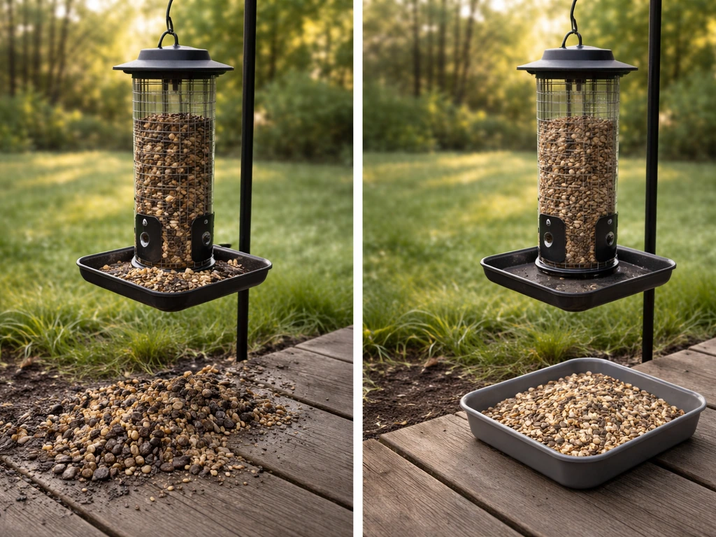 Backyard feeder area with stale wet seed beside a freshly cleaned, dry setup