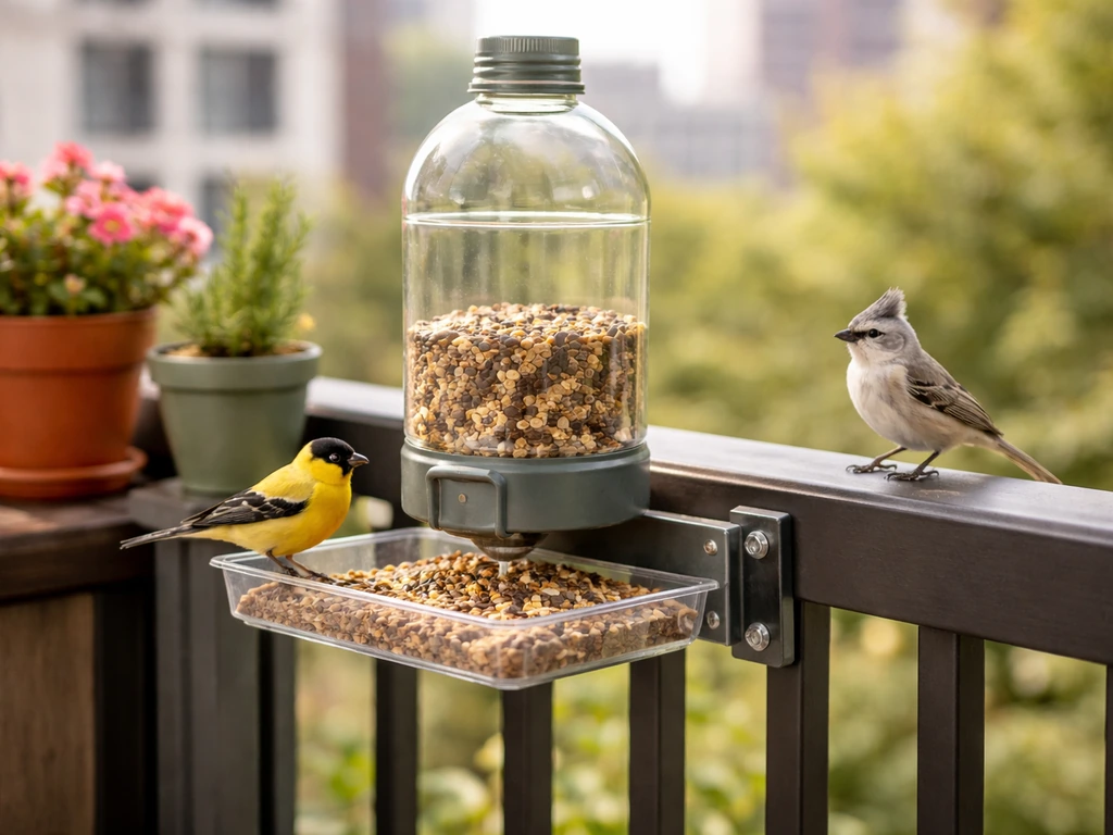 Safely mounted homemade bottle-style bird feeder on a balcony with two small birds nearby.