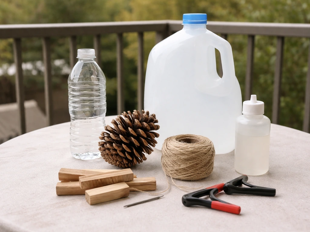 Materials for a balcony-safe bird feeder laid out on a patio table: bottle, pinecone, twine, wood pieces, clips.