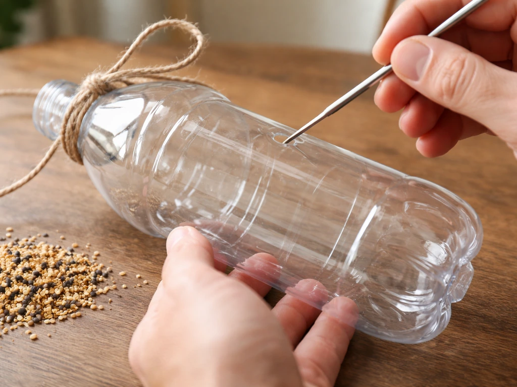 Hands poke two holes in a rinsed plastic bottle and tie twine for a seed feeder.
