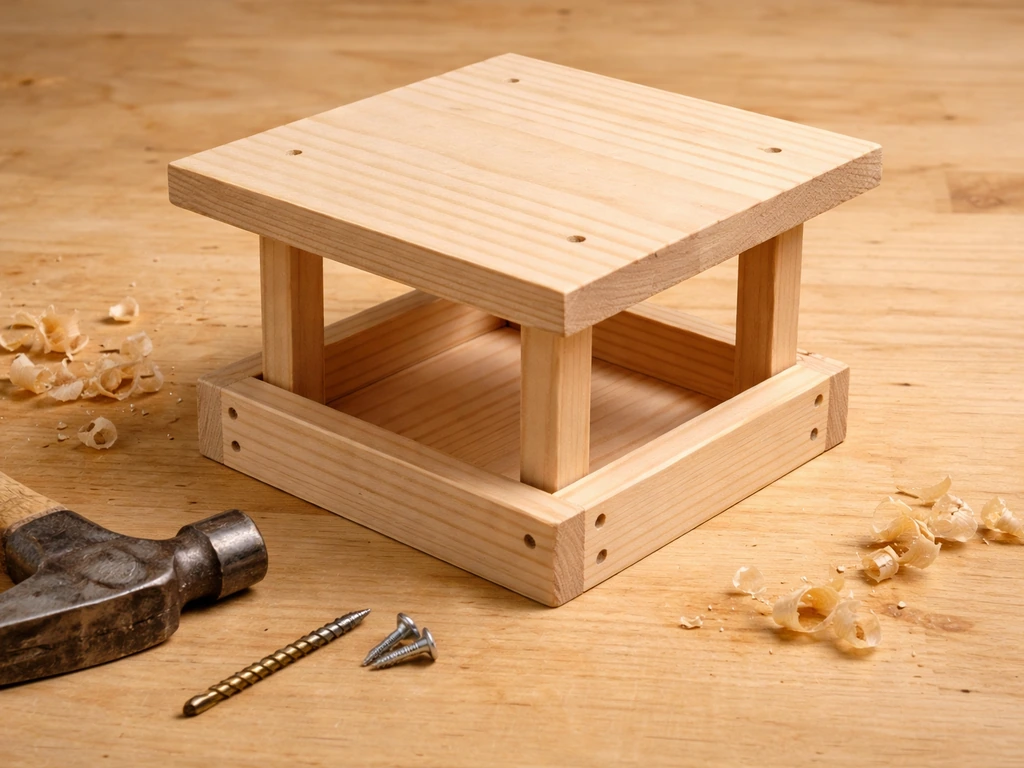 Untreated wood tray and roof feeder parts assembled on a workbench, with drill holes and wood texture visible.