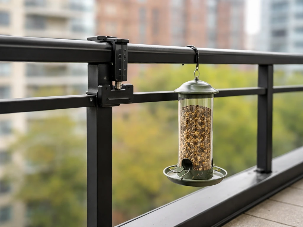 Balcony railing clamp bracket holding a bird feeder securely without swinging.