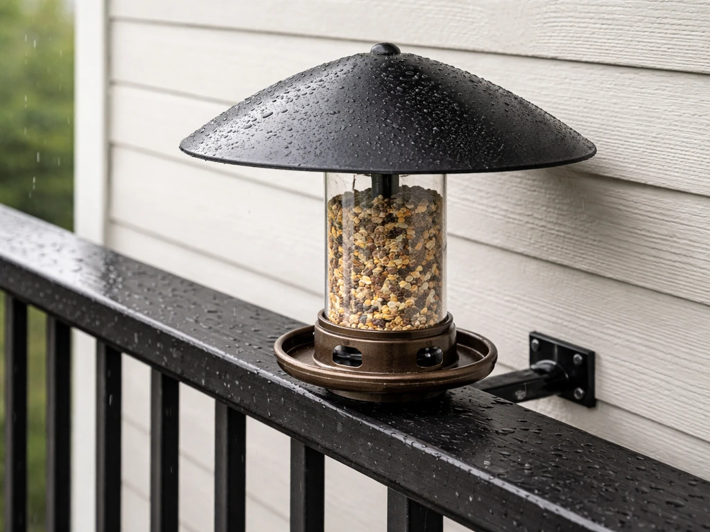 Outdoor bird feeder with a squirrel baffle and rain/wind-stable mounting on a balcony rail.