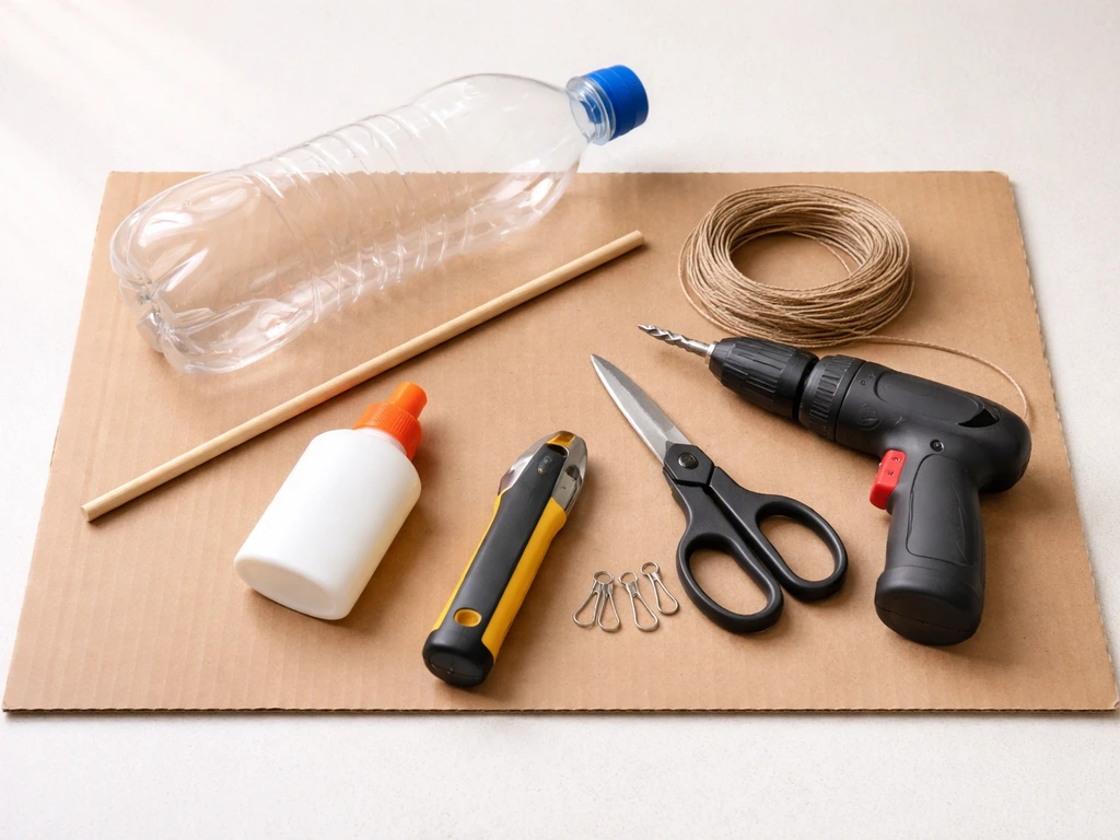 Supplies laid out on a table: 2-liter bottle, wooden dowel, string/wire, and simple tools.