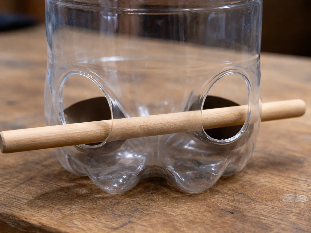 Close-up of a bottle bird feeder perch and feeding-hole alignment with snug dowel fit under ports