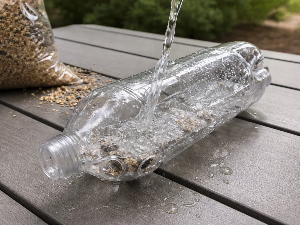A clear bottle bird feeder is rinsed with water, showing the interior and drainage openings.