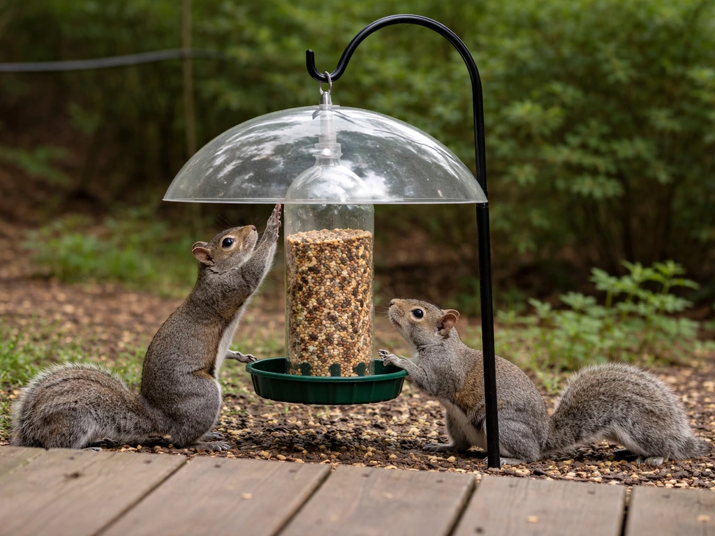 Two gray squirrels reach at a hanging bottle feeder while a squirrel baffle blocks access.