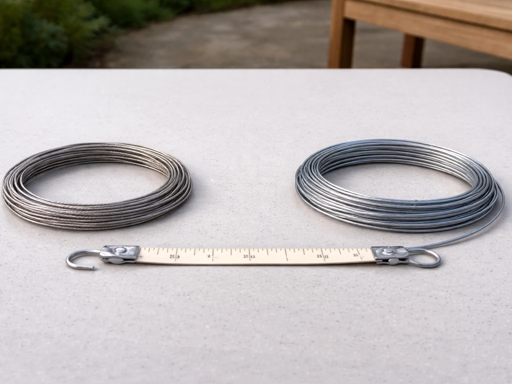 Close-up of two bird feeder wire types laid out side by side with a tape measure for length