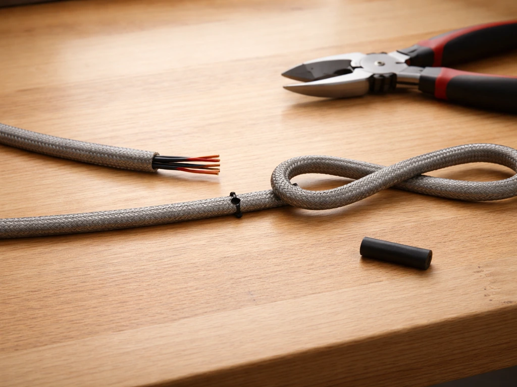 Coiled cable on a workbench with cut point marked and a re-loop loop held ready for securing