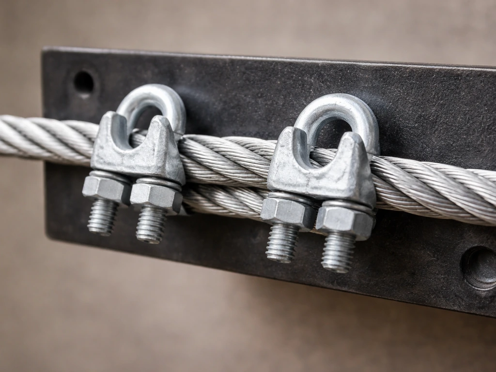 Close-up of wire rope secured with U-bolt clips showing saddle on live side and U-bolt over dead end.