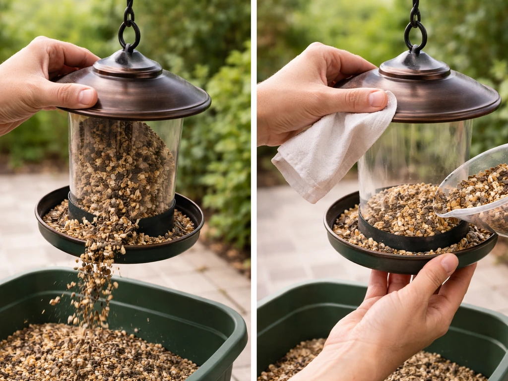 Close-up of hands emptying old birdseed from a feeder, wiping it clean, then refilling to the proper level