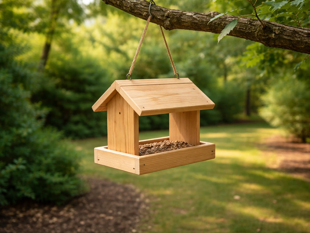 Fresh DIY wooden bird feeder hanging from a backyard tree branch with surrounding shrubs.