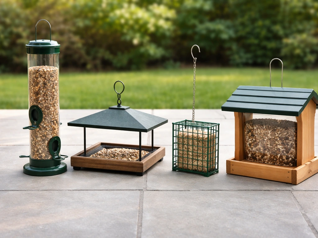 Tube, platform, suet cage, and hopper bird feeders laid side-by-side with visible openings on a patio.