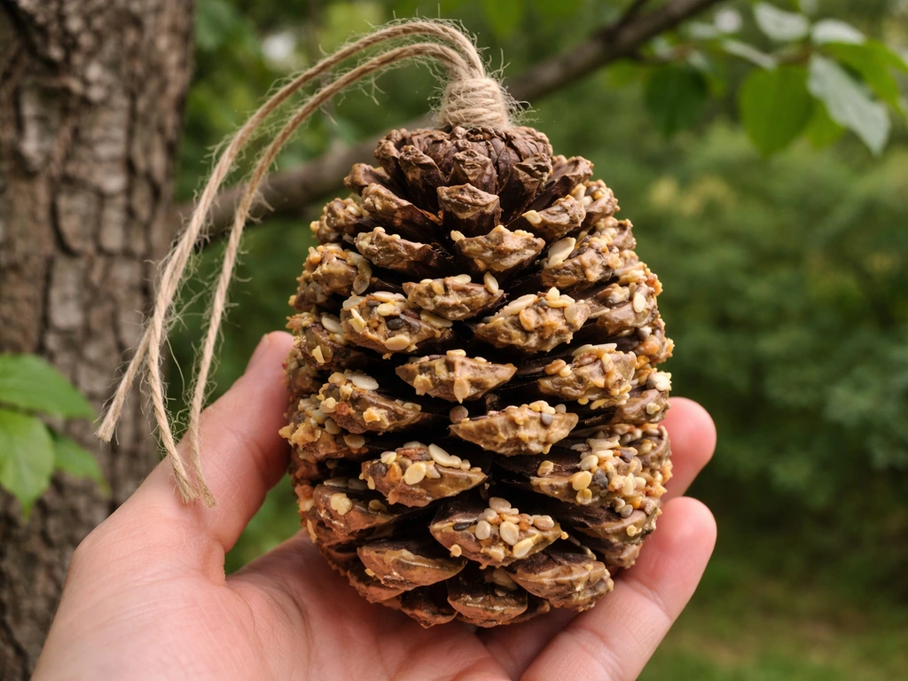 Hand holding a pinecone coated in peanut butter with twine tied around the top on a tree branch.