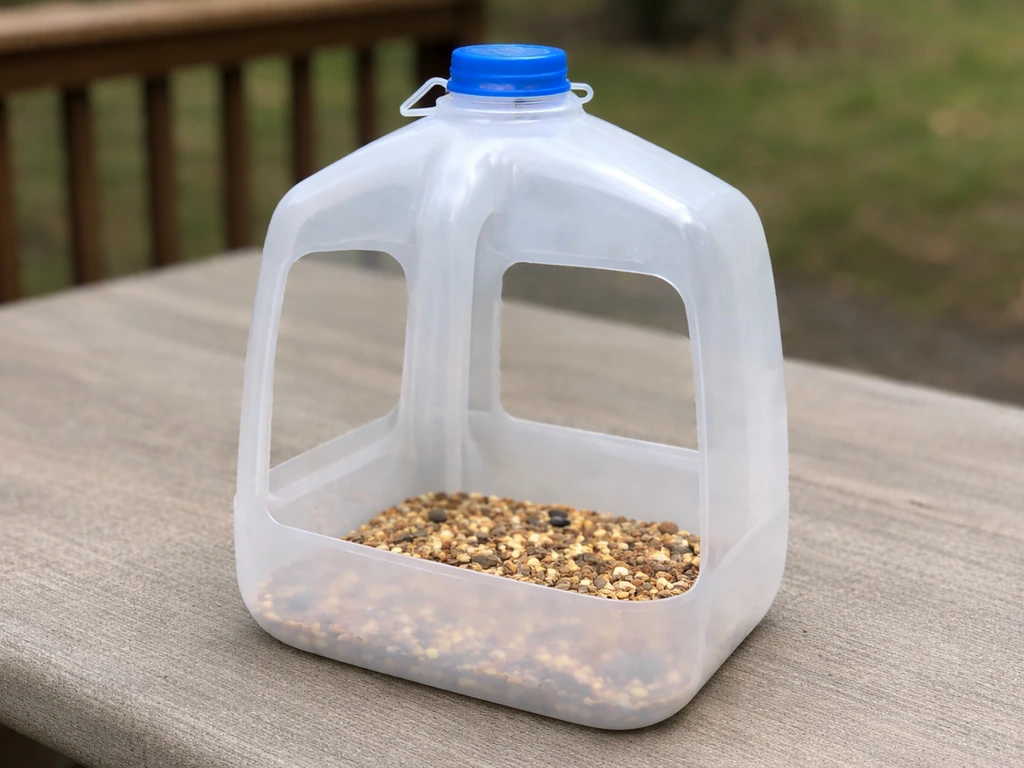 Clear milk jug with rectangular side cutouts and intact bottom acting as a seed tray.
