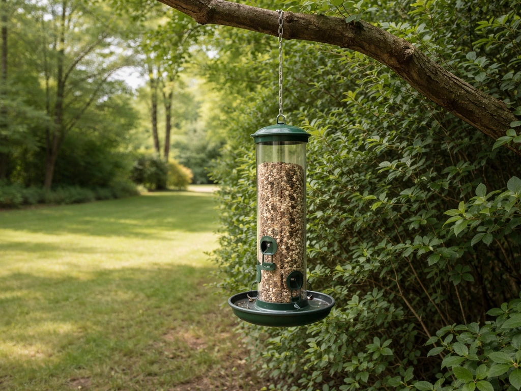 Bird feeder hanging near a hedge with nearby shrubs as quick escape cover
