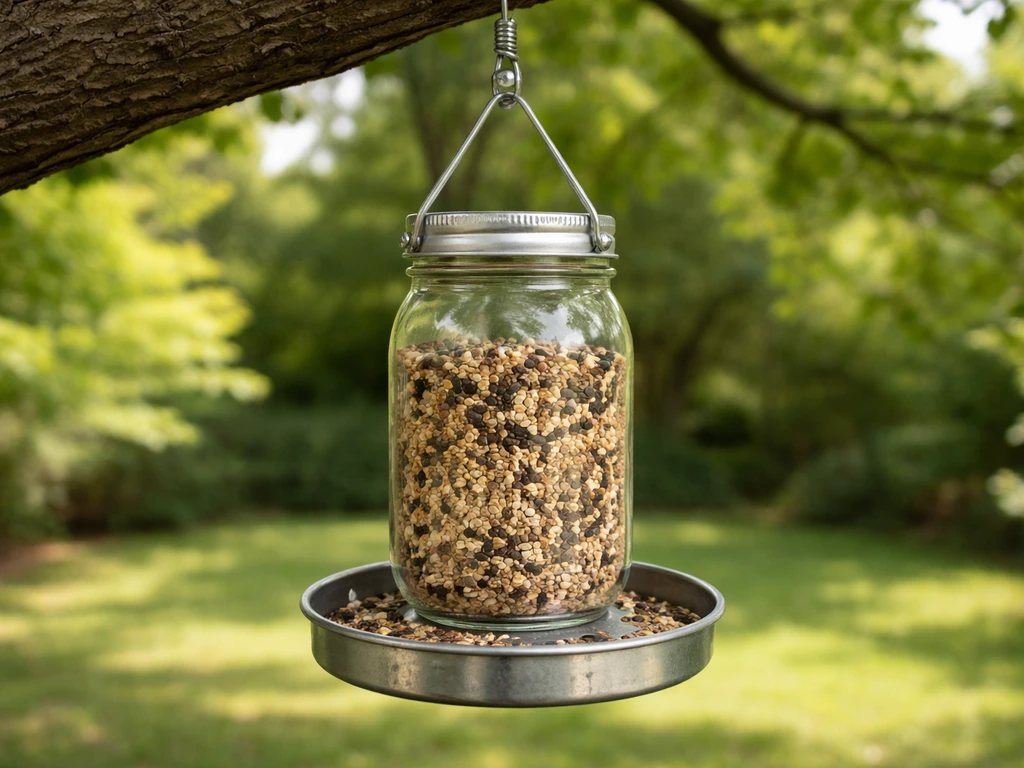 Mason jar bird feeder hanging from a tree branch with visible hardware and seed-filled jar in a yard.