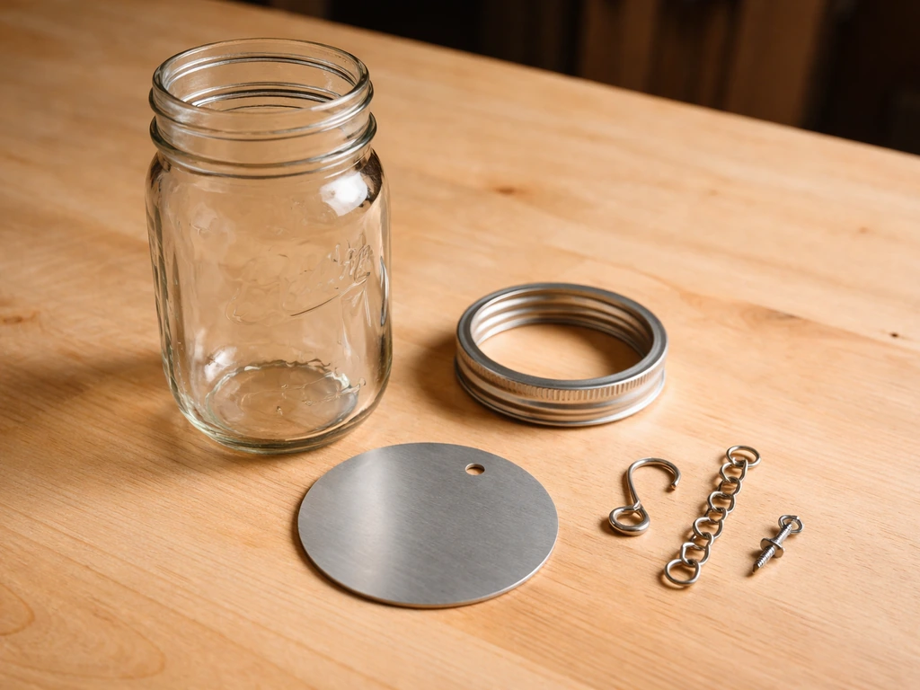 Mason jar feeder parts—jar, lid ring, base plate insert, and hang hardware—laid out on a wooden bench.