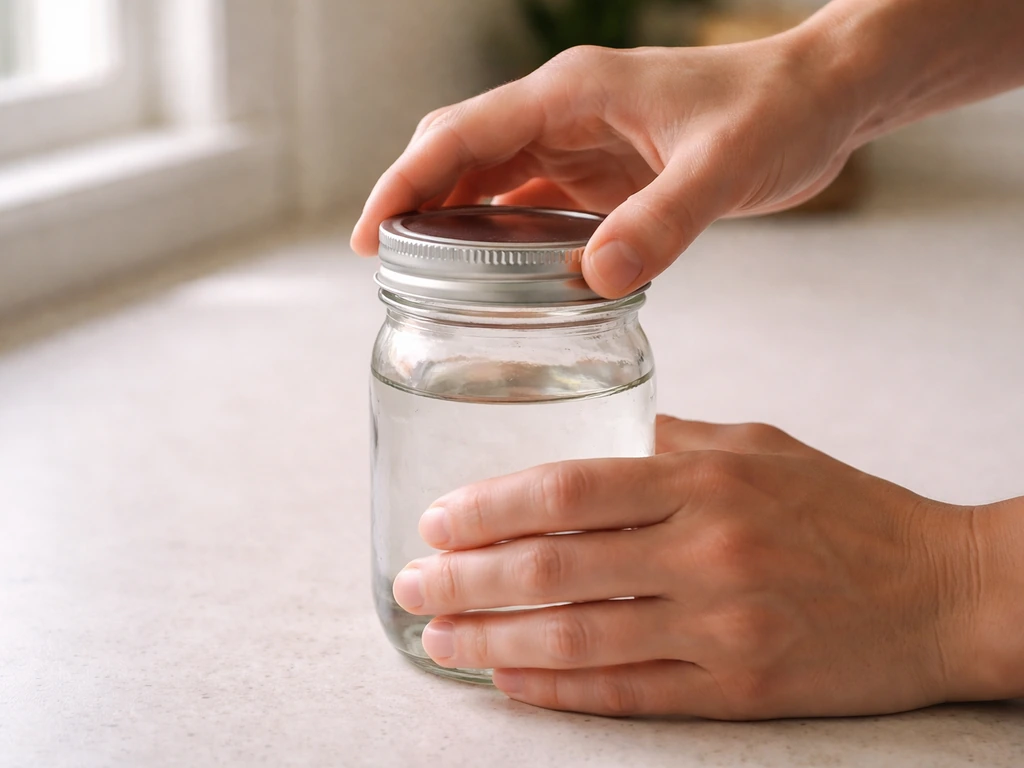 Close-up of hands tightening a metal lid ring onto a mason jar by hand on a kitchen counter.